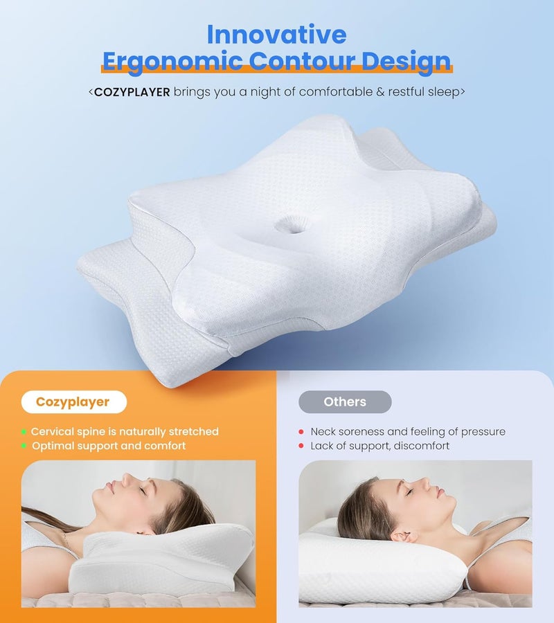 Cozyplayer Ultra Pain Relief Cooling Pillow for Neck Support, Adjustable Cervical Pillow Cozy Sleeping, Odorless Ergonomic Contour Memory Foam Pillows, Orthopedic Bed Pillow for Side Back Stomach Sleeper - Image 2
